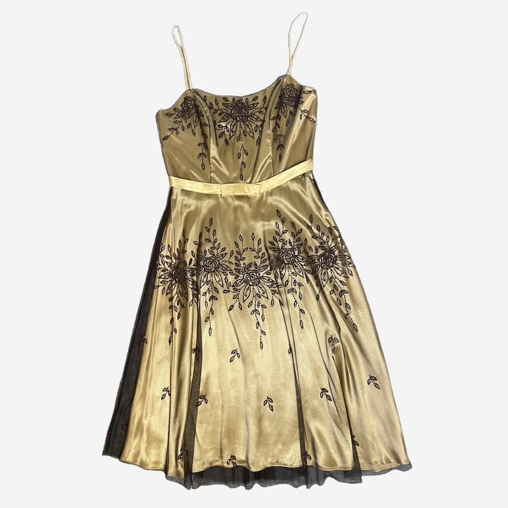 Vintage Y2K Dollar Gold satin dress mesh overlay beaded floral bow cocktail M - Picture 7 of 11